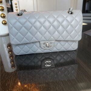 Chanel Medium Classic Double Flap Light Grey Lambskin Silver Hardware